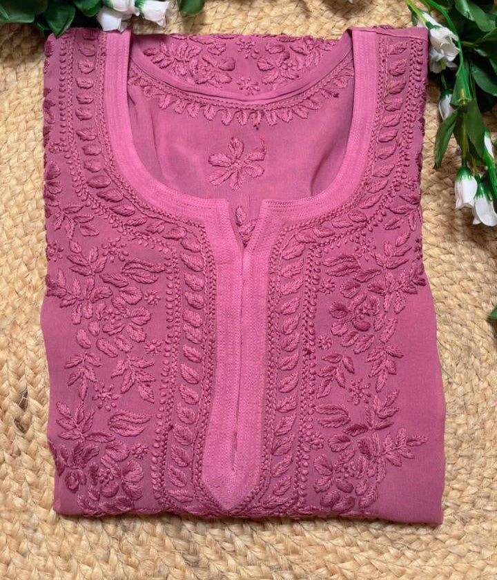 NITYA Mauve Pure Viscose Chikankari3D Emboss Omray Kurti