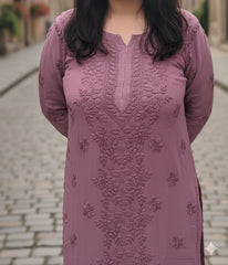 NITYA Mauve Pure Viscose Chikankari3D Emboss Omray Kurti