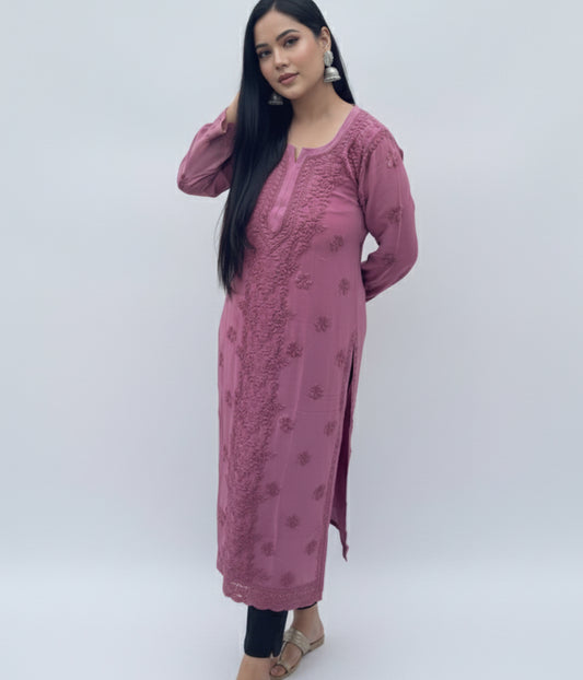 NITYA Mauve Pure Viscose Chikankari3D Emboss Omray Kurti