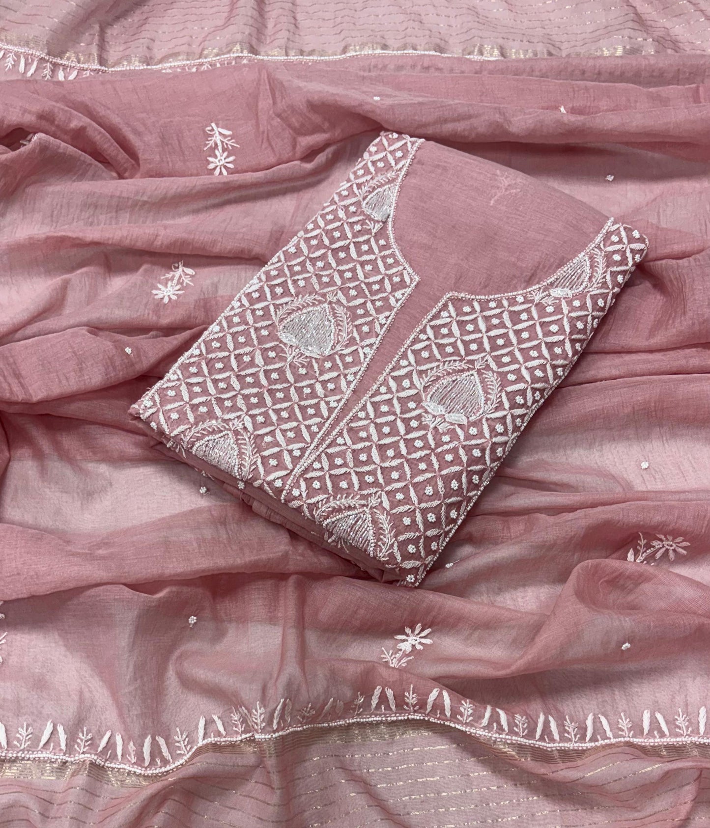 ADITI Peach Pure Mulmul Chikankari Kurta Dupatta Set