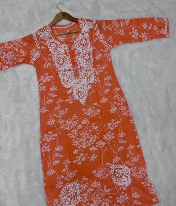 NISHA Orange Mulmul Printed Chikankari Long Kurta