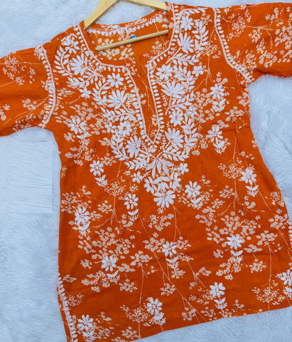 ALIA Orange Pure Mulmul Printed Chikankari Short Top