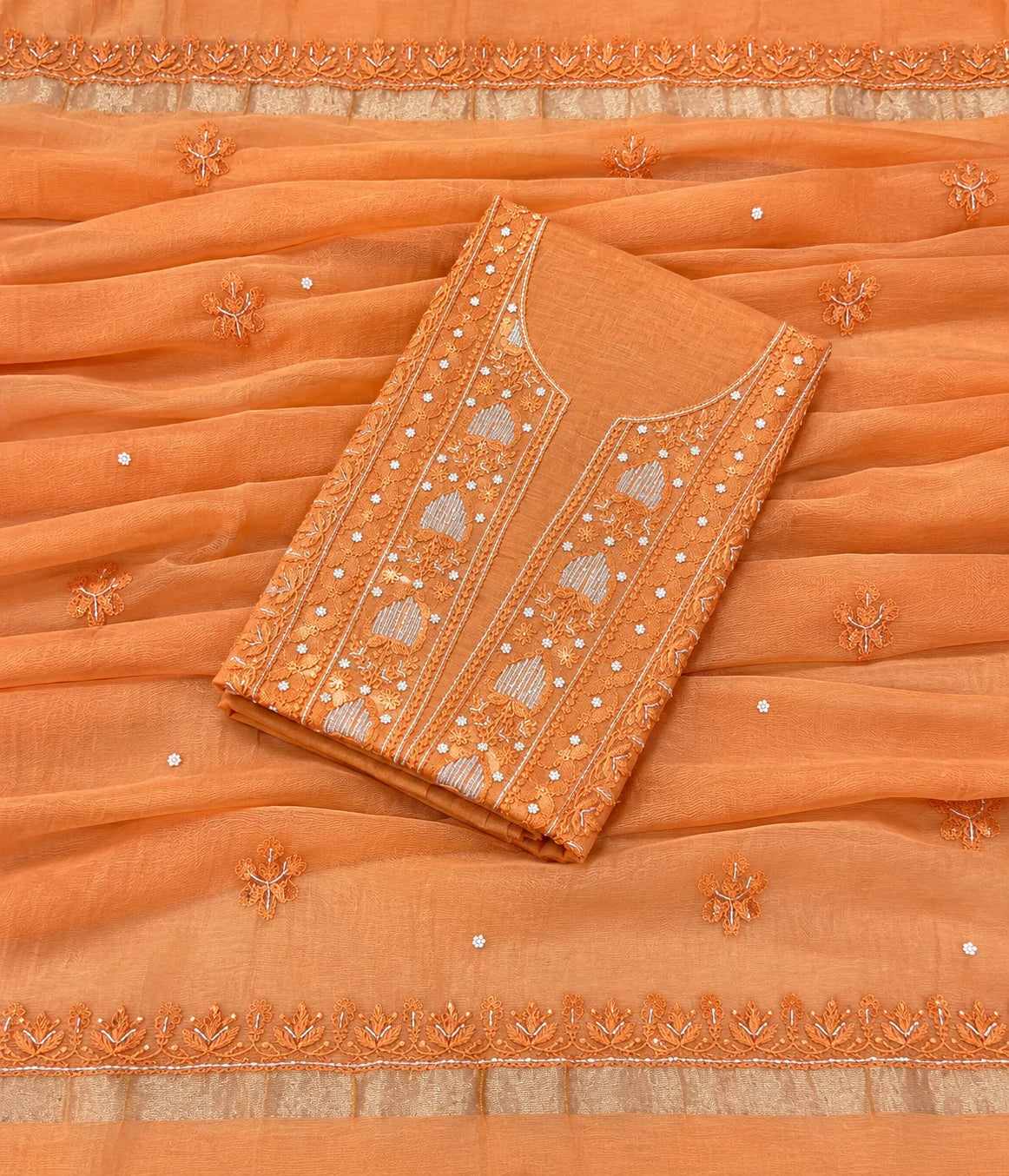 RIYA Pure Mulmul Chikankari Unstitched Kurta with Zari Dupatta & Pearl Work