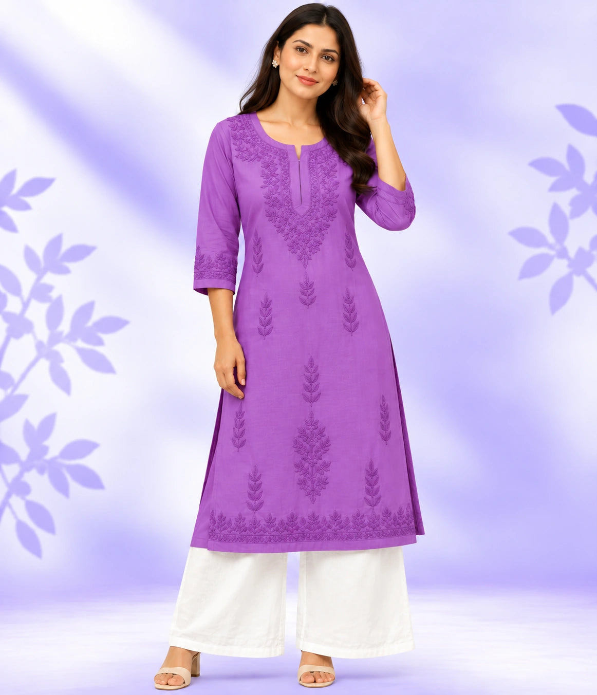 ISHA Pure Chanderi Lucknowi Chikankari Kurta Palazzo Set with Chiffon Dupatta