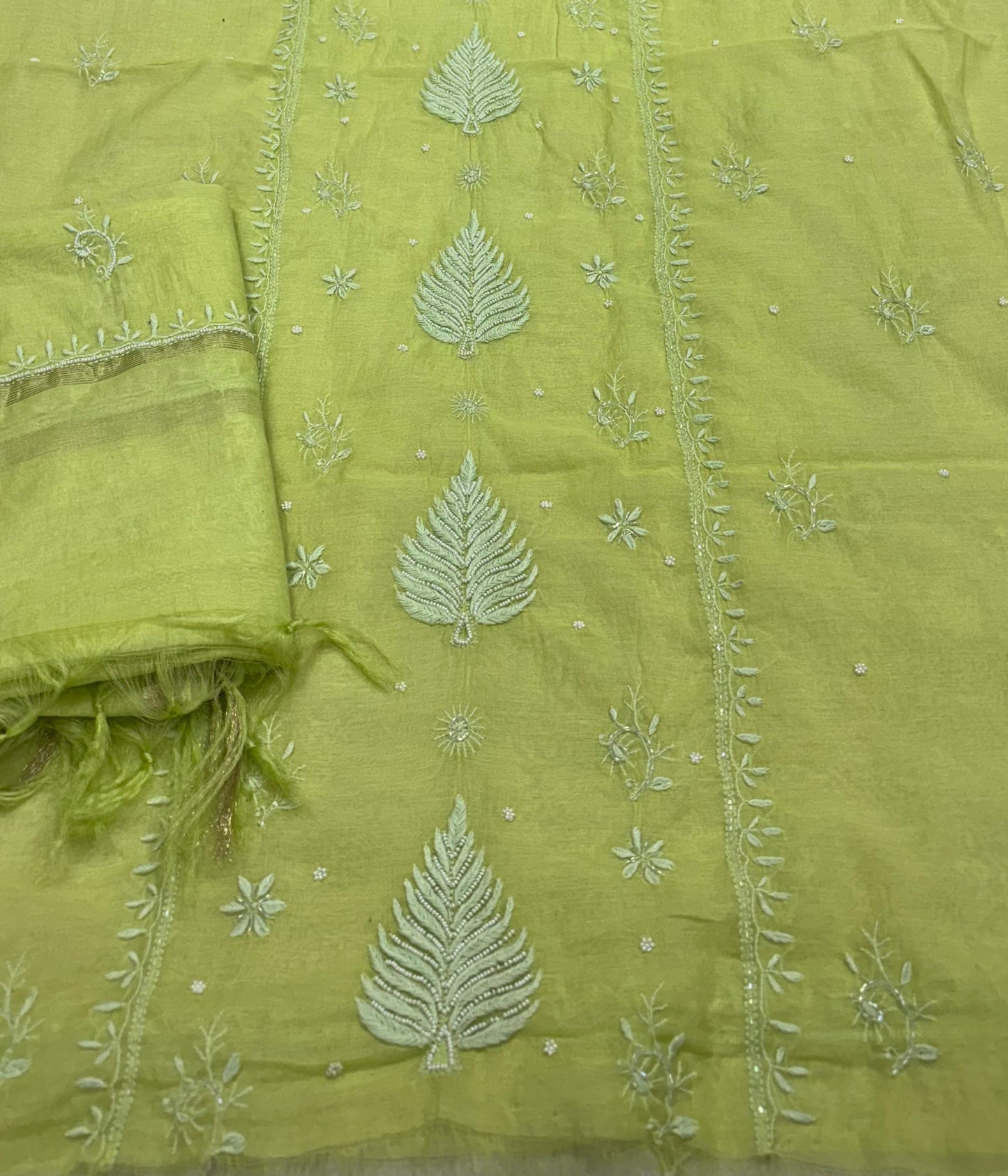 ADITI Green Pure Mulmul Chikankari Kurta Dupatta Set