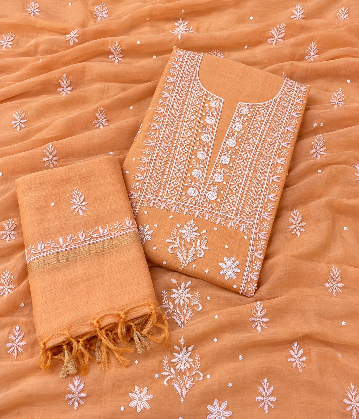 RIYA Pure Mulmul Chikankari Unstitched Kurta with Zari Dupatta & Pearl Work