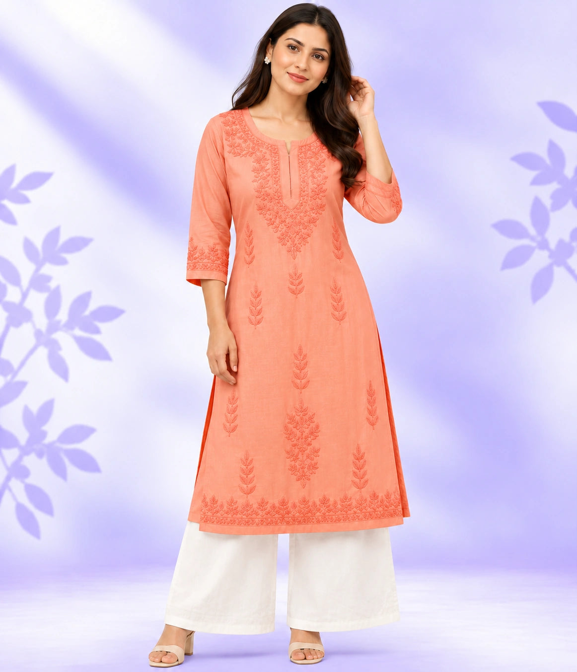 ISHA Pure Chanderi Lucknowi Chikankari Kurta Palazzo Set with Chiffon Dupatta