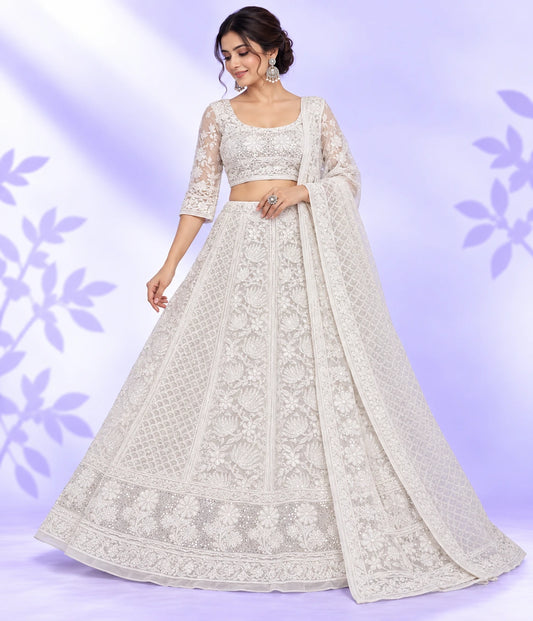 SHIVIKA Pearl & Cutdana Handwork Viscose Georgette Lucknowi Chikankari Lehenga Set – Dyeable