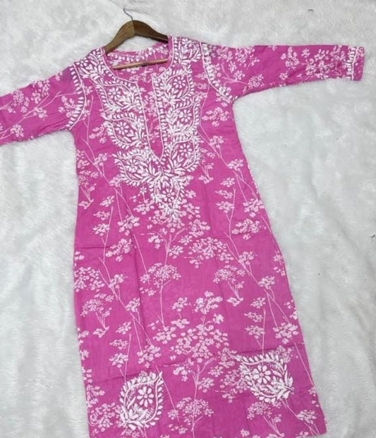 NISHA Pink Mulmul Printed Chikankari Long Kurta