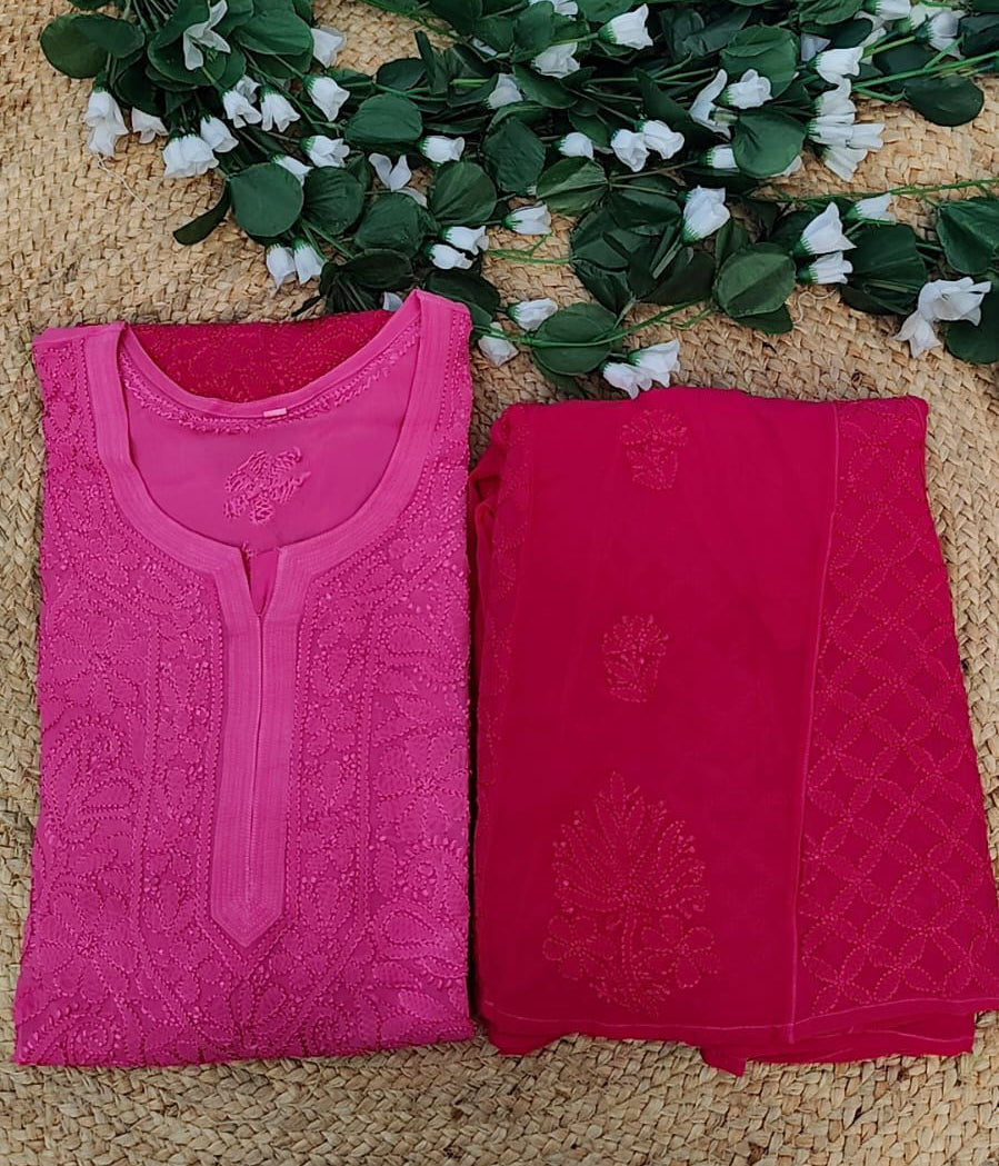 SANDHYA Fuschia Pure Viscose Chikankari Resham  Omray 4pcs Set