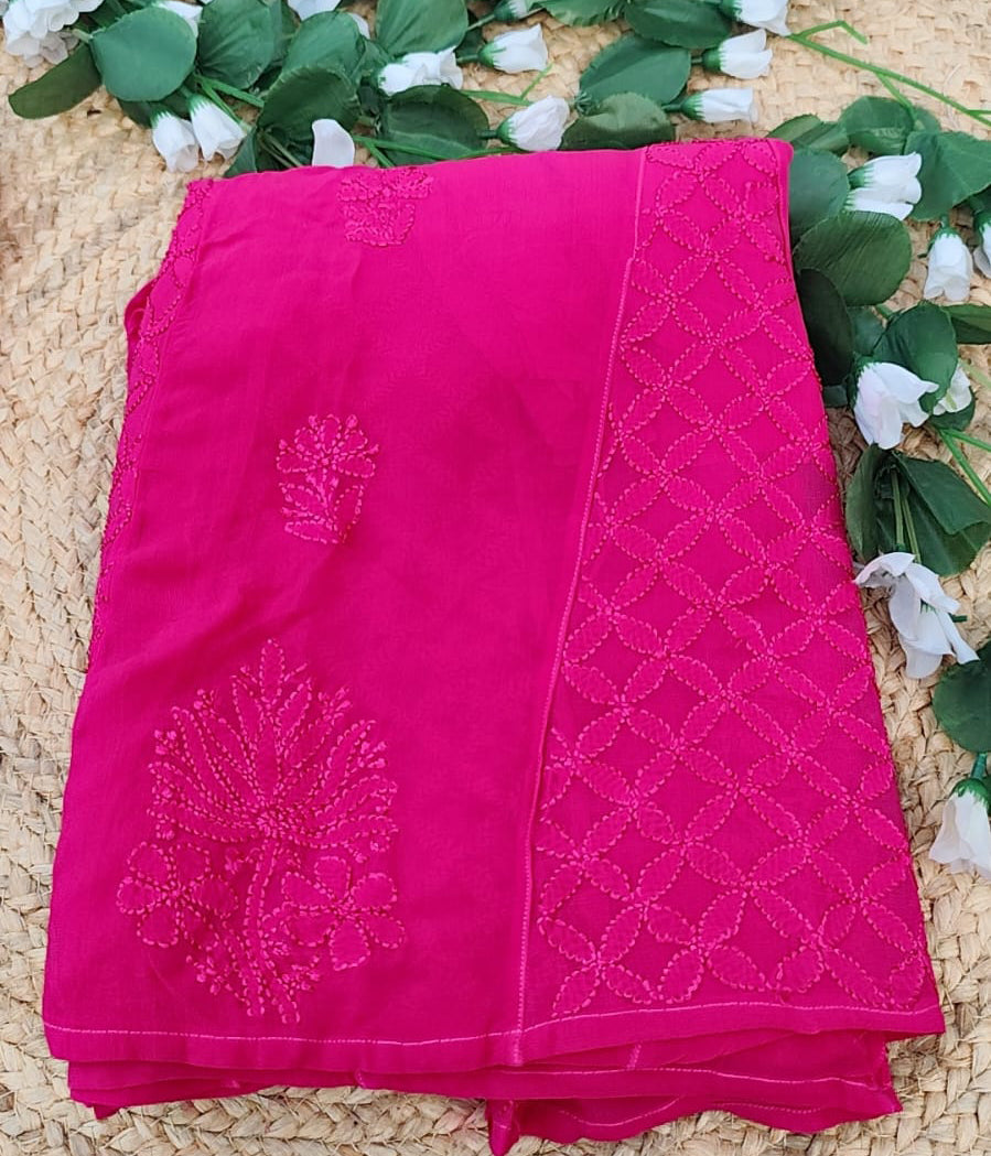SANDHYA Fuschia Pure Viscose Chikankari Resham  Omray 4pcs Set