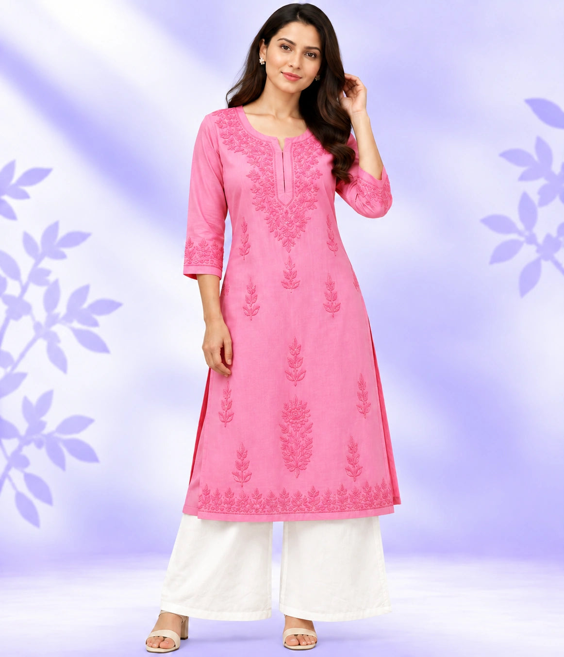 ISHA Pure Chanderi Lucknowi Chikankari Kurta Palazzo Set with Chiffon Dupatta