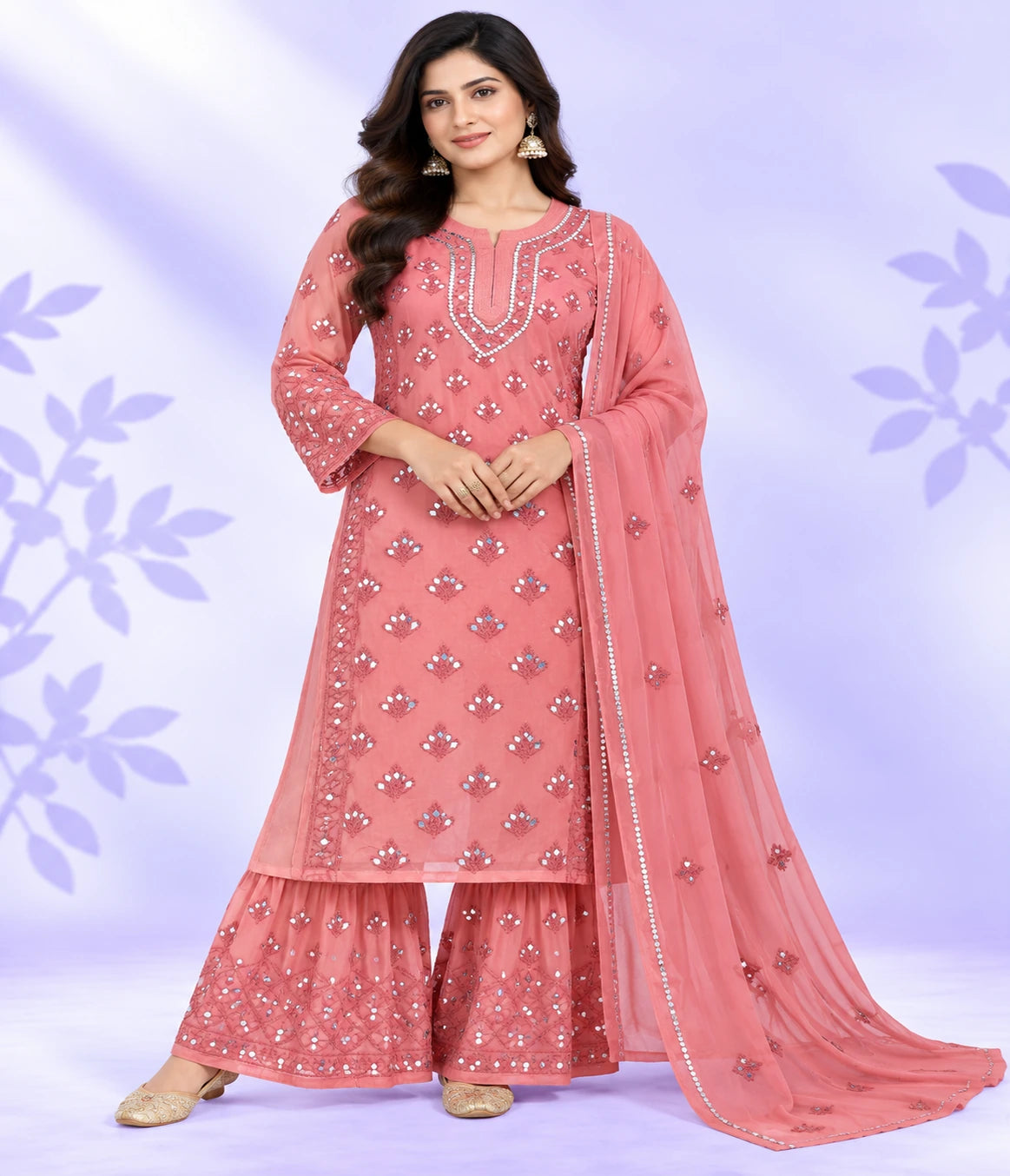 MAHI Mirror Work Lucknowi Chikankari Sharara Set with Dupatta – 3 Piece