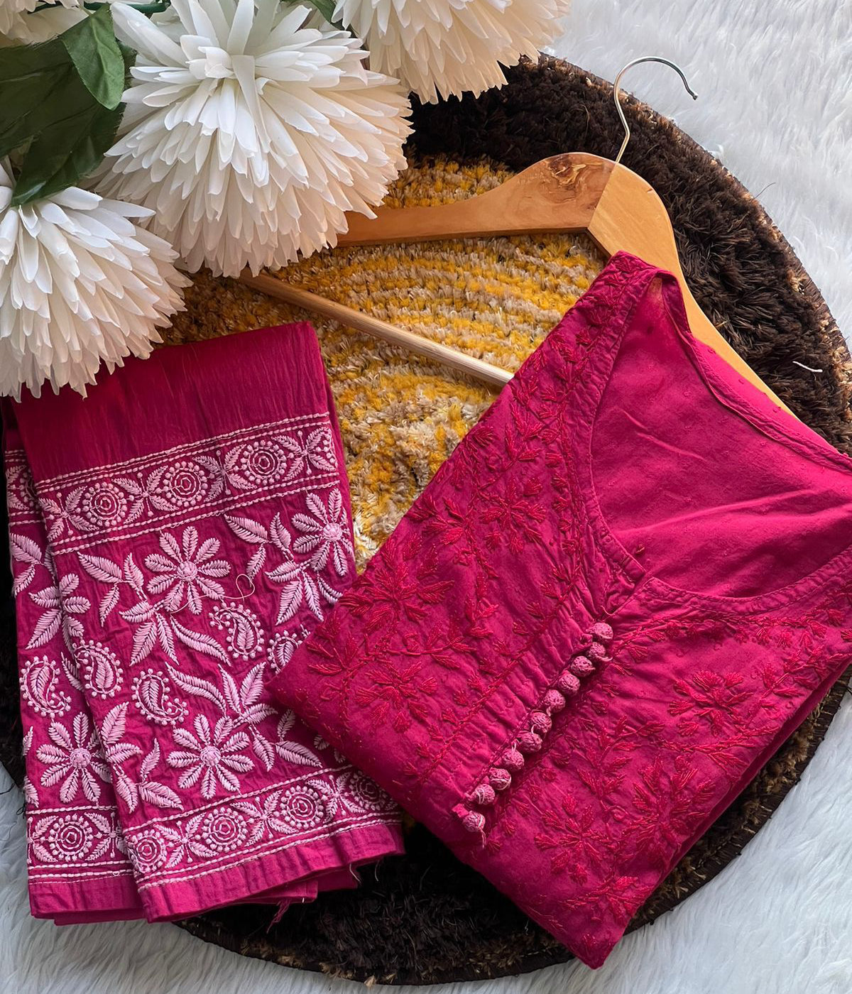PARI Pink Cotton Dobby Chikankari Kurta Pant Set