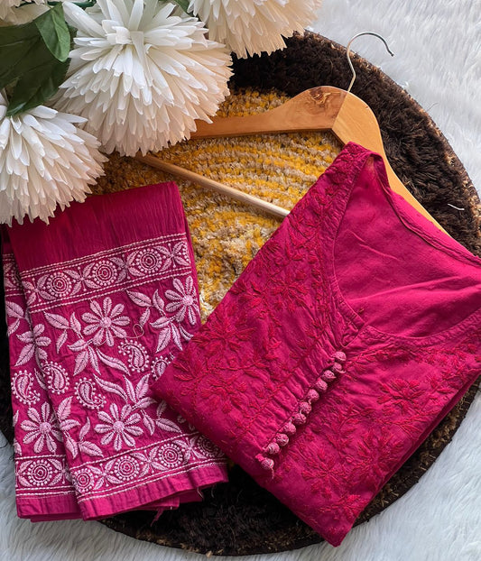PARI Pink Cotton Dobby Chikankari Kurta Pant Set