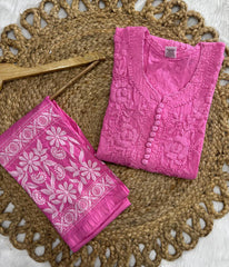 NANDINI Baby Pink Pure Brasso Chikankari Kurti Pant Set