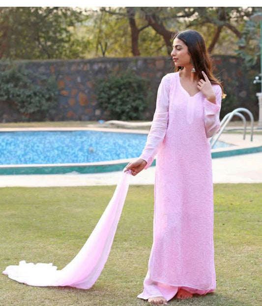 SARIKA Pink Pure Viscose Resham Thread Chikankari Kurti