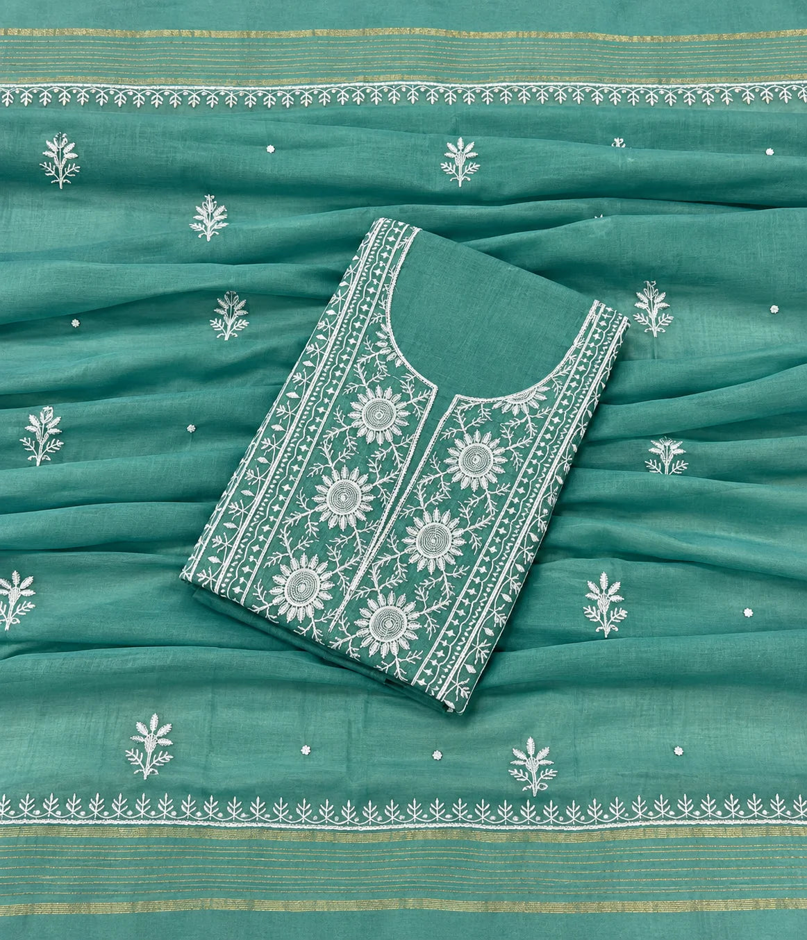 RIYA Pure Mulmul Chikankari Unstitched Kurta with Zari Dupatta & Pearl Work