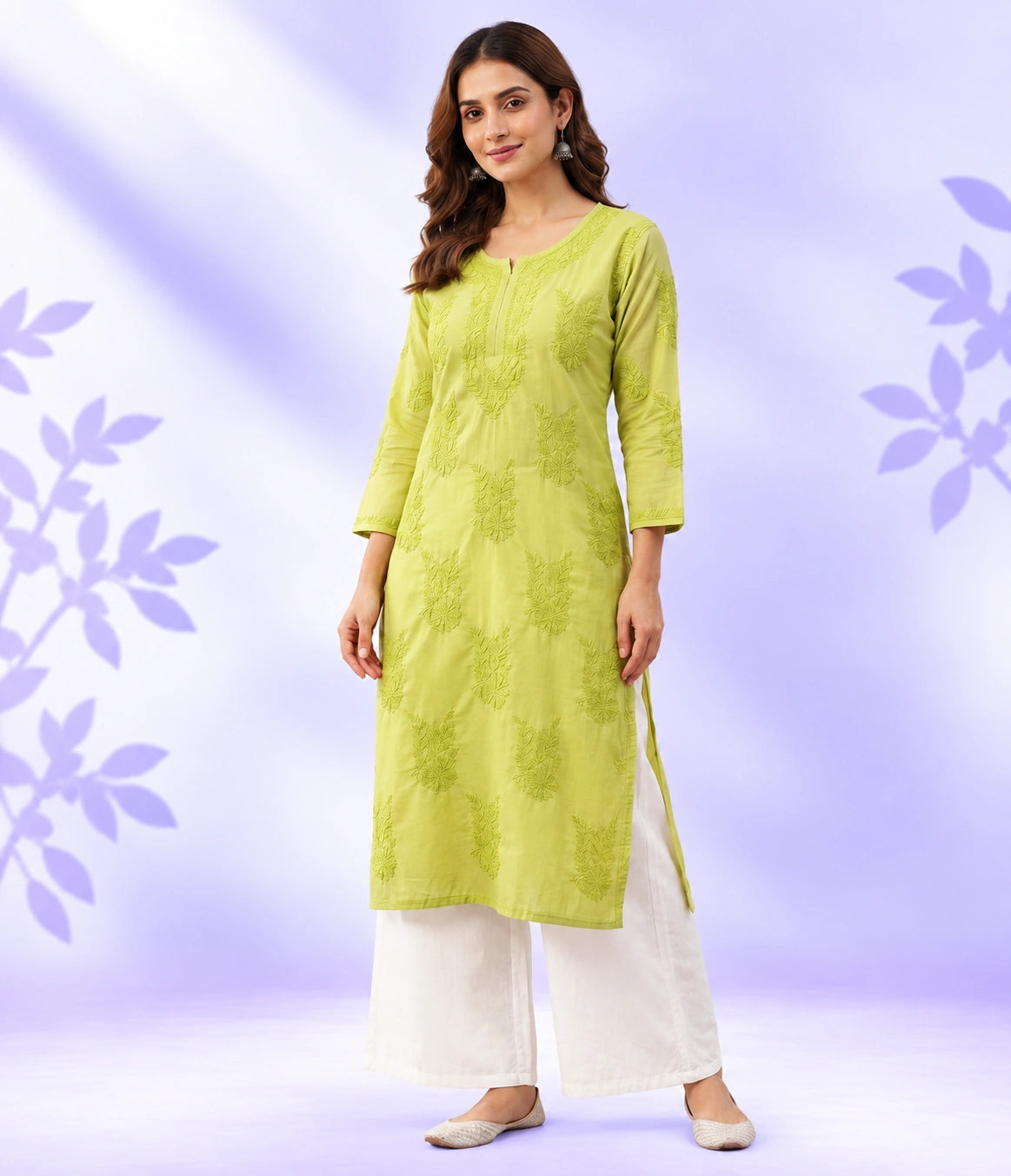 ISHA Pure Chanderi Lucknowi Chikankari Kurta Palazzo Set with Chiffon Dupatta