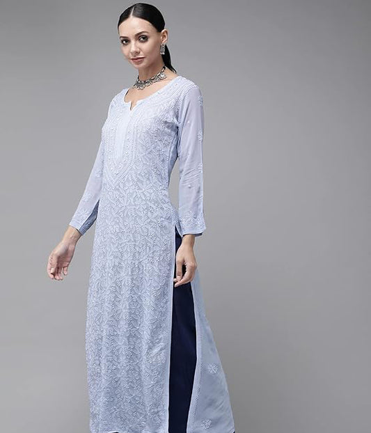 SONAM Powder Blue Pure Viscose Resham Thread Chikankari Kurta