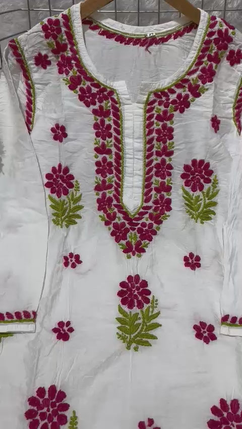 MAYA Red Pure Chanderi Chikankari kurti