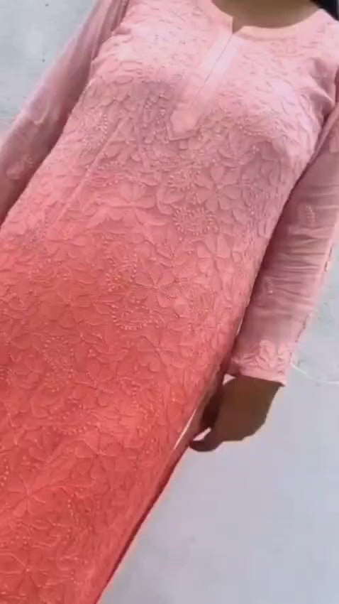 SWATI Pure Viscose Chikankari Resham Pink Kurti fitting video by customer
