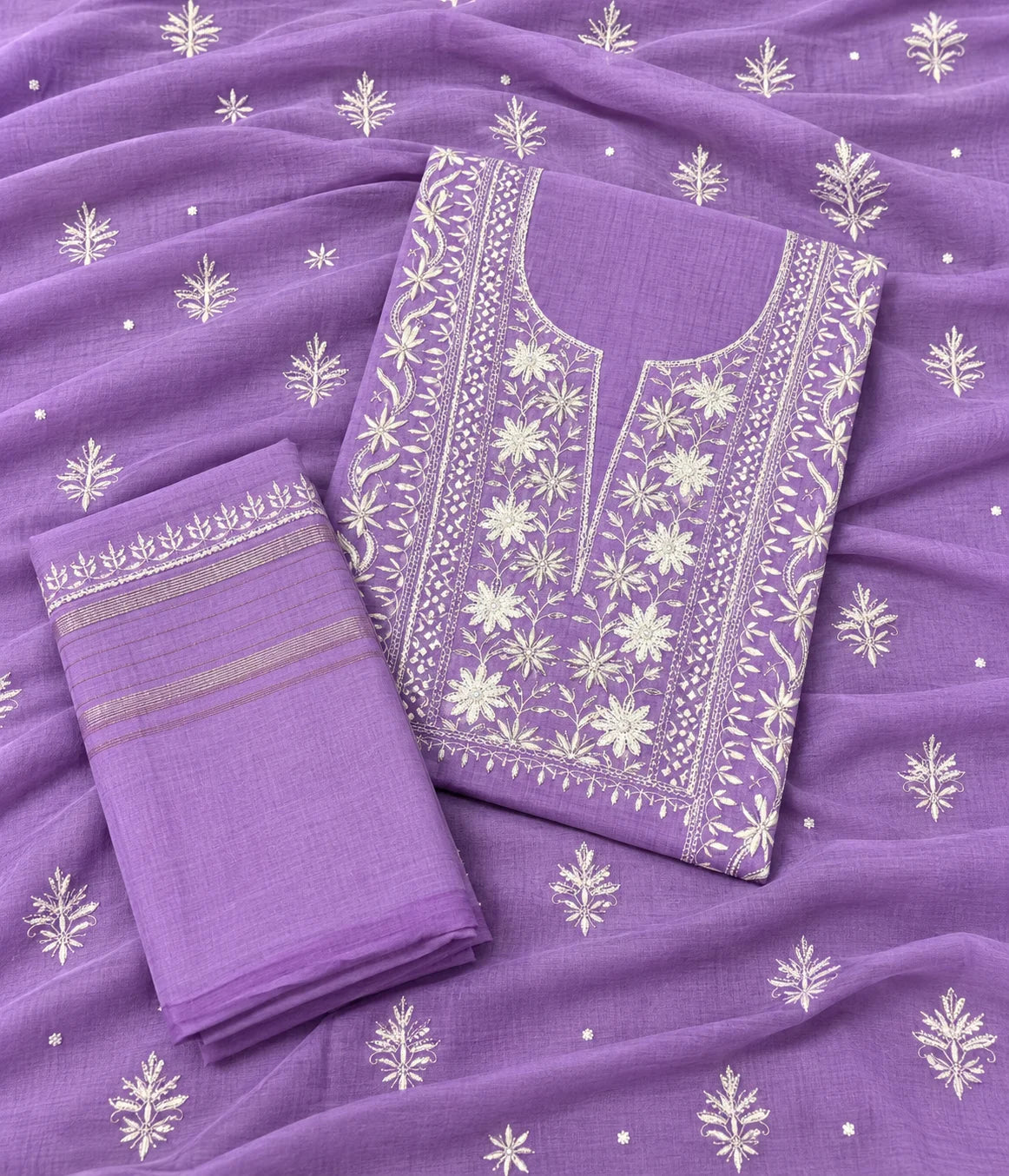 RIYA Pure Mulmul Chikankari Unstitched Kurta with Zari Dupatta & Pearl Work