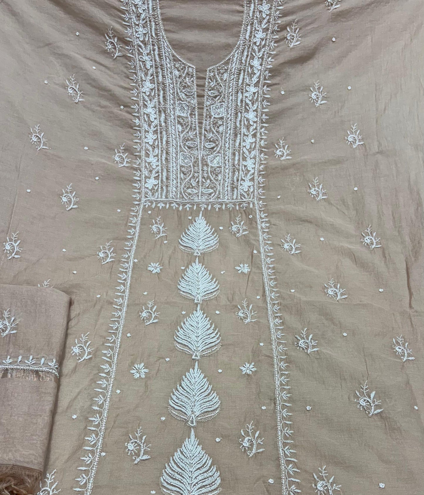 ADITI Beige Pure Mulmul Chikankari Kurta Dupatta Set