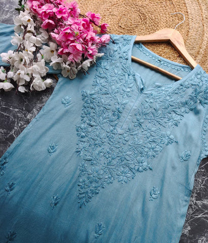 VIDHISHA Sea Green Rayon Chikankari Kurti - Elegant Lucknowi Chikankari for Women