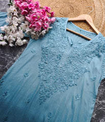 VIDHISHA Sea Green Rayon Chikankari Kurti - Elegant Lucknowi Chikankari for Women