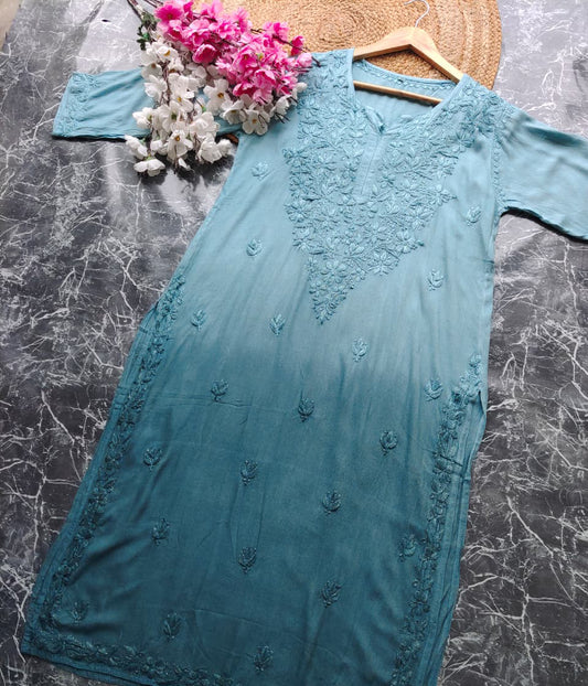 VIDHISHA Sea Green Rayon Chikankari Kurti - Elegant Lucknowi Chikankari for Women