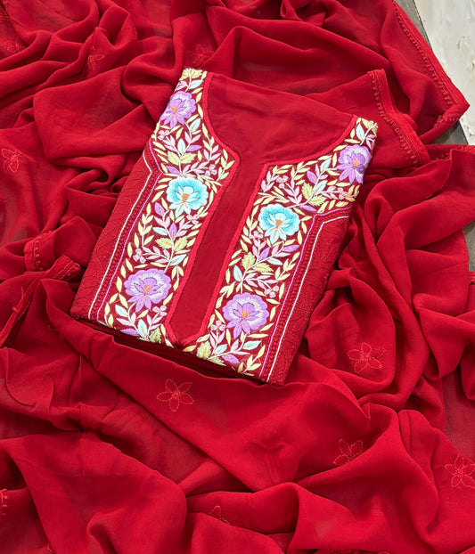 VANMALA Red Pure Viscose Chikankari Kurta Dupatta Set