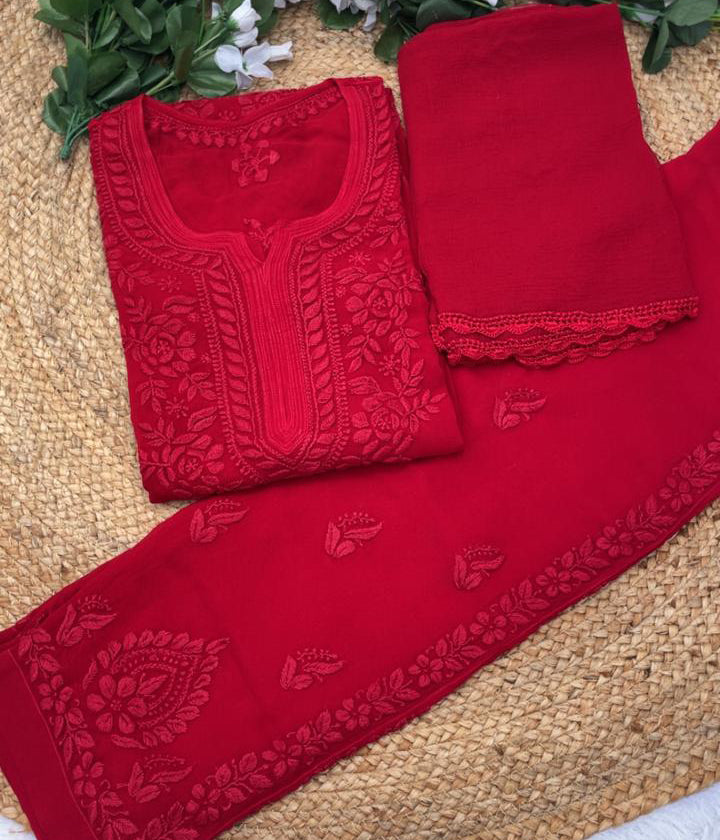 YATI Red Pure Viscose Chikankari 3D Emboss 4pcs Set