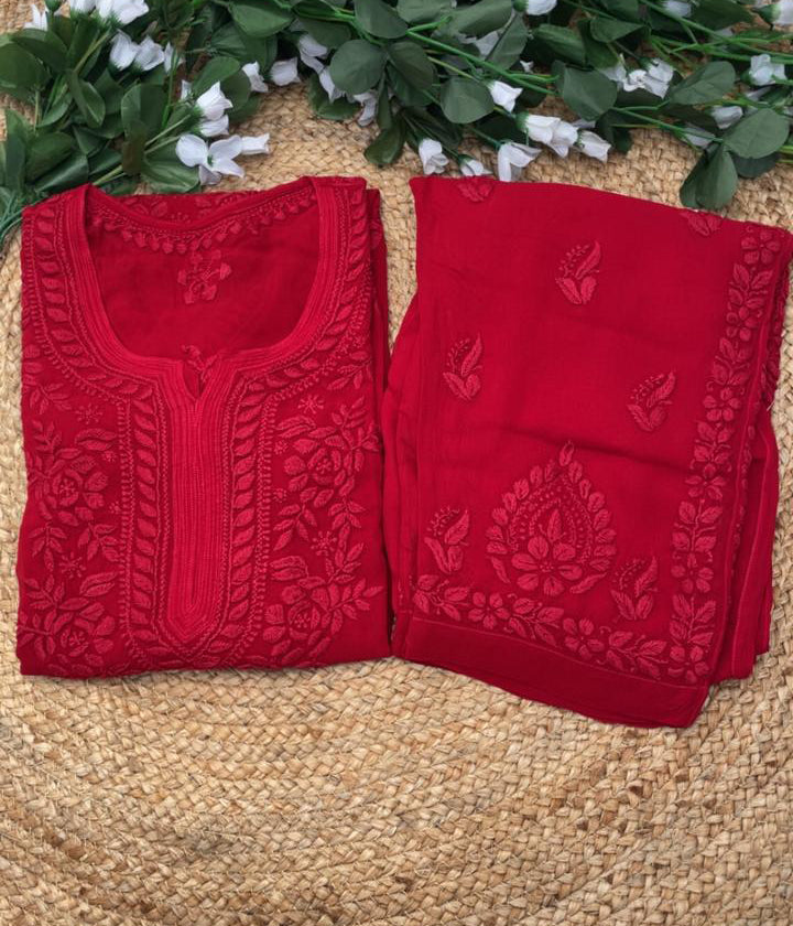 YATI Red Pure Viscose Chikankari 3D Emboss 4pcs Set