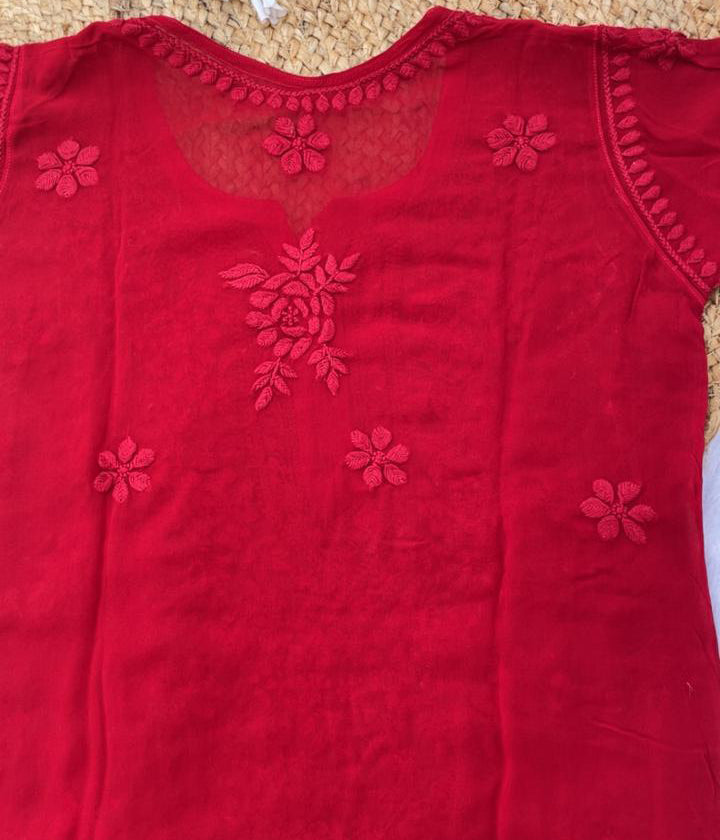 YATI Red Pure Viscose Chikankari 3D Emboss 4pcs Set