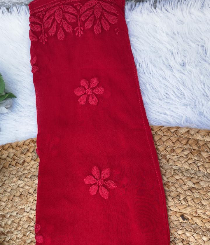 YATI Red Pure Viscose Chikankari 3D Emboss 4pcs Set