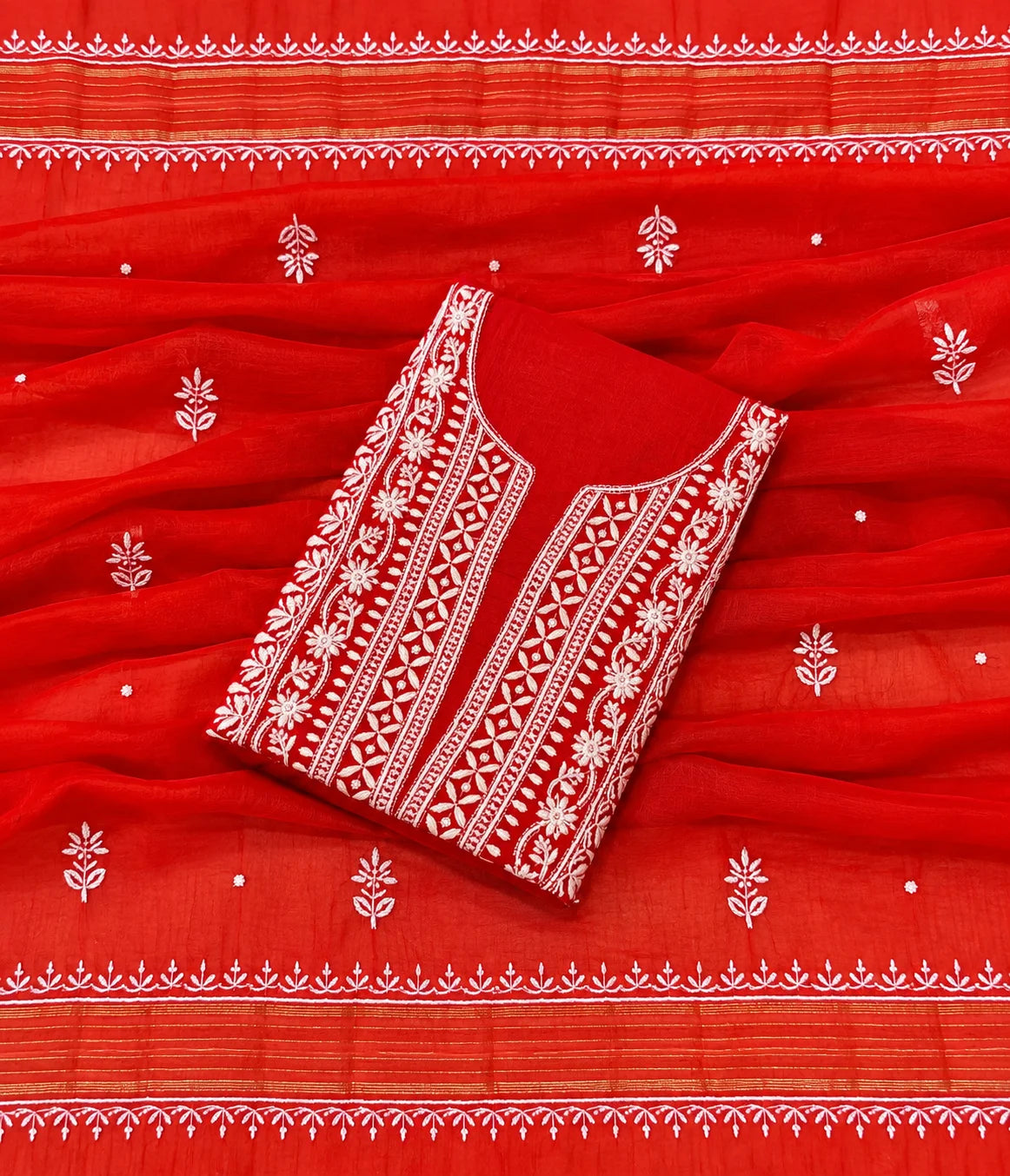 RIYA Pure Mulmul Chikankari Unstitched Kurta with Zari Dupatta & Pearl Work