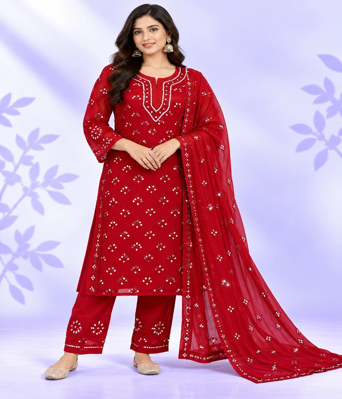 MAHI Mirror Work Lucknowi Chikankari Sharara Set with Dupatta – 3 Piece