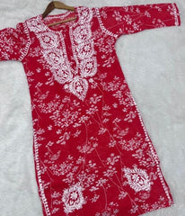 NISHA Red Mulmul Printed Chikankari Long Kurta