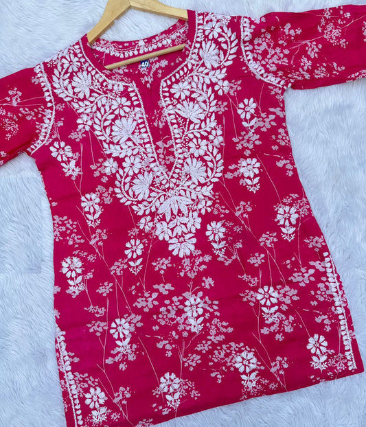 ALIA Red Pure Mulmul Printed Chikankari Short Top