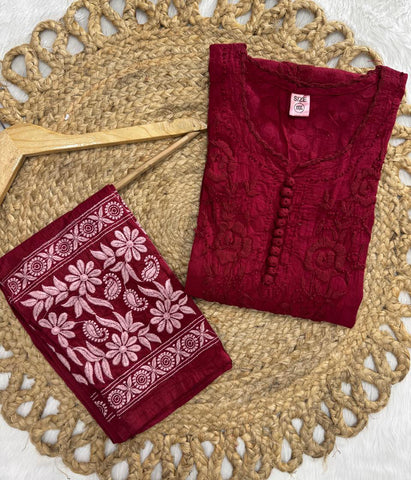 NANDINI Pure Brasso Chikan Kurti Pant Set Maroon
