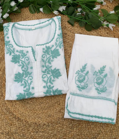 RUHANI Teal Pure Mul Cotton Chikankari Kurti and Pant Set