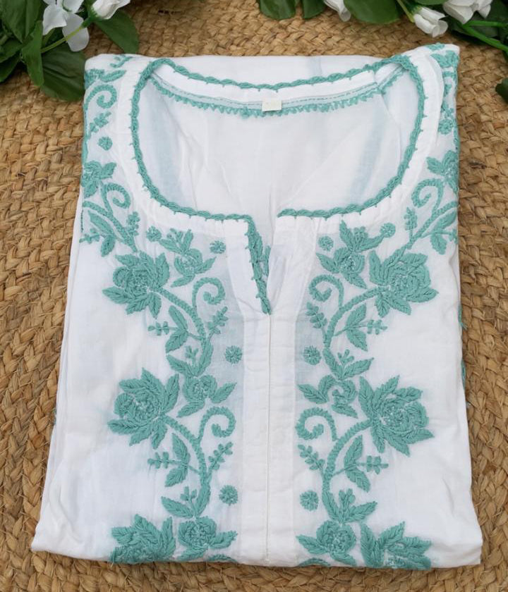 RUHANI Teal Pure Mul Cotton Chikankari Kurti and Pant Set