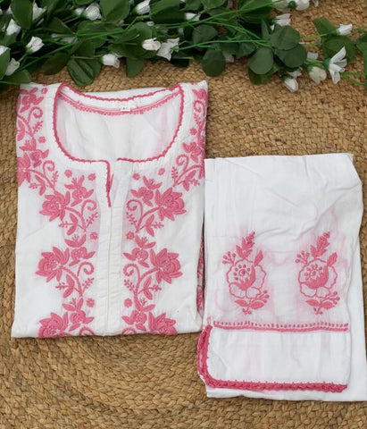 RUHANI Pink Pure Mul Cotton Chikankari Kurti and Pant Set