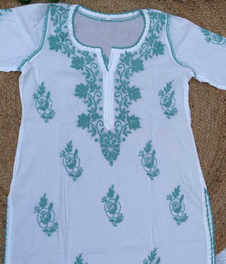 RUHANI Teal Pure Mul Cotton Chikankari Kurti and Pant Set