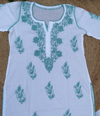 RUHANI Teal Pure Mul Cotton Chikankari Kurti and Pant Set