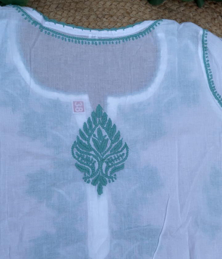 RUHANI Teal Pure Mul Cotton Chikankari Kurti and Pant Set