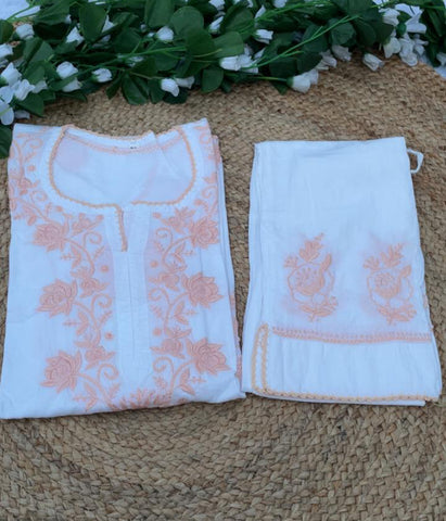 RUHANI Peach Pure Mul Cotton Chikankari Kurti and Pant Set