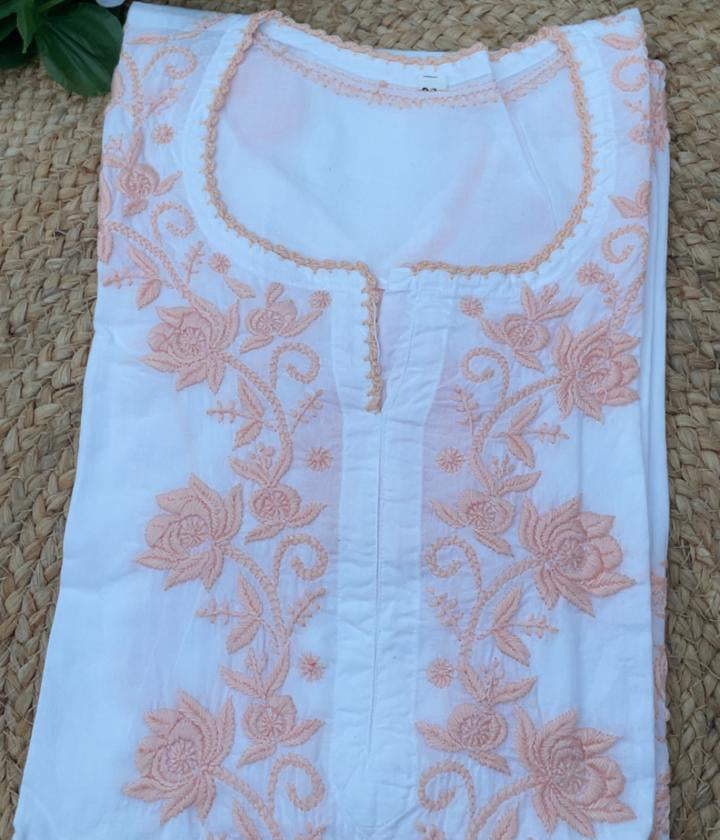 RUHANI Peach Pure Mul Cotton Chikankari Kurti and Pant Set
