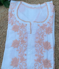 RUHANI Peach Pure Mul Cotton Chikankari Kurti and Pant Set